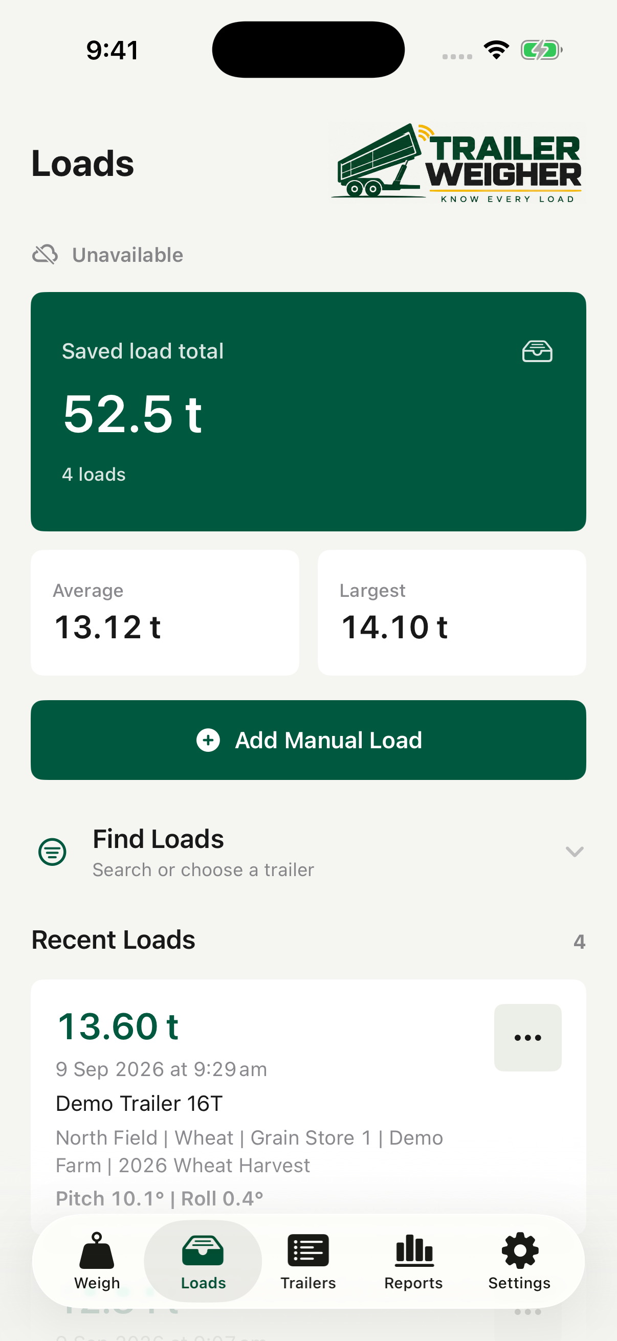 Trailer Weigher app loads screen.