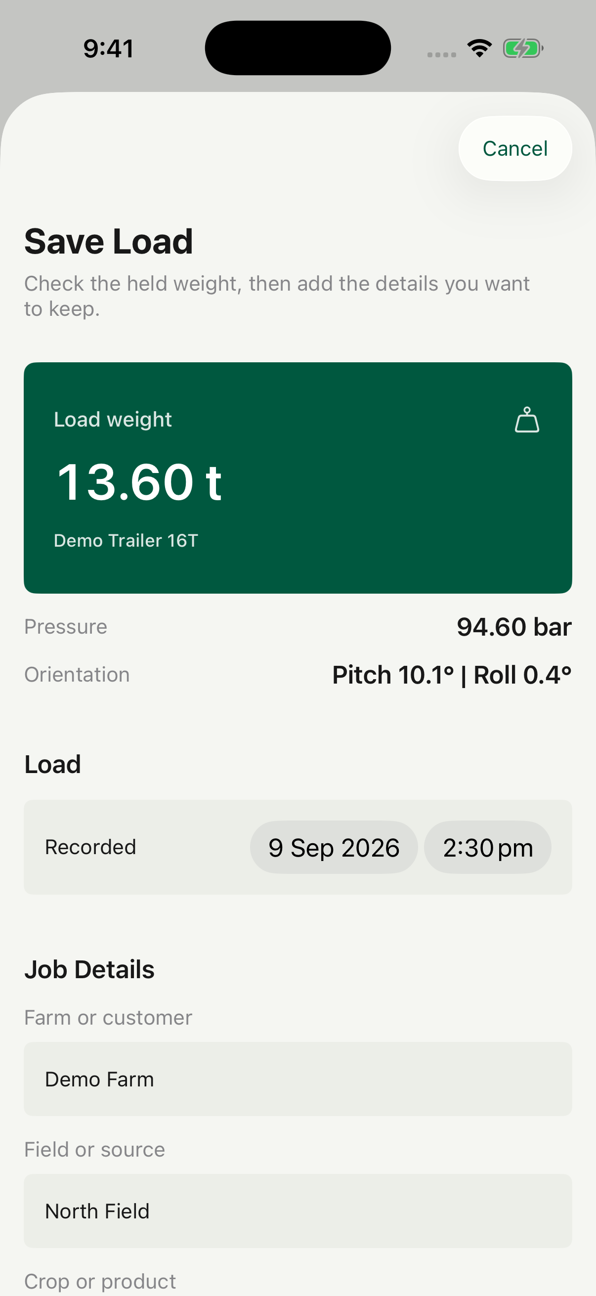 Trailer Weigher app save load screen.