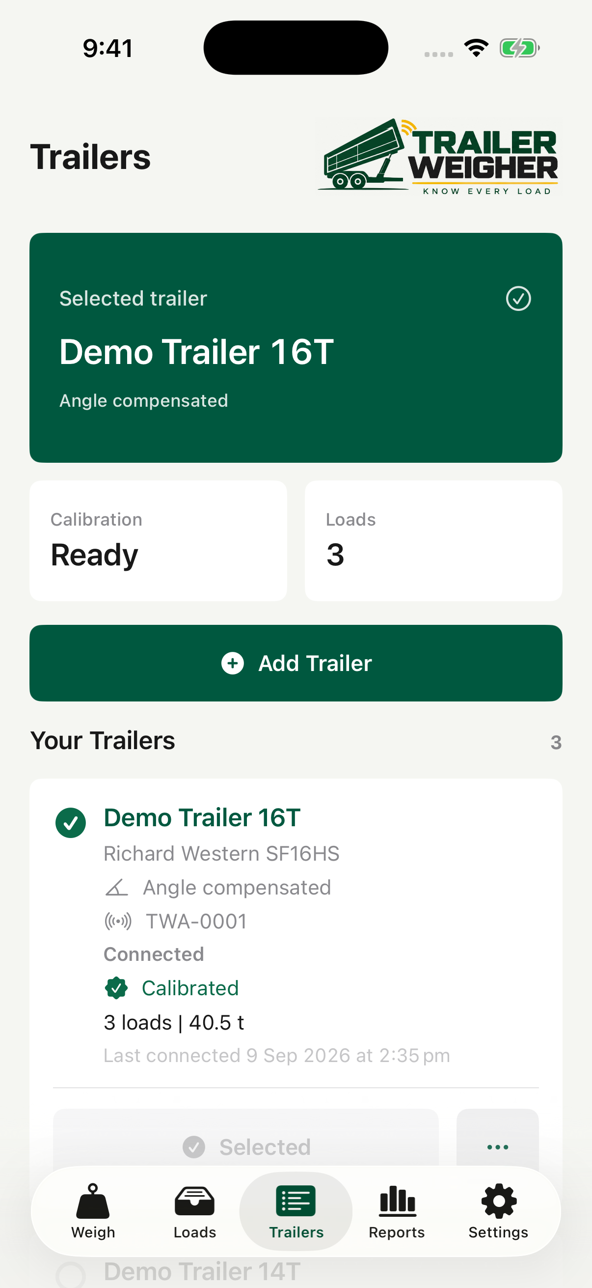 Trailer Weigher app trailers screen.