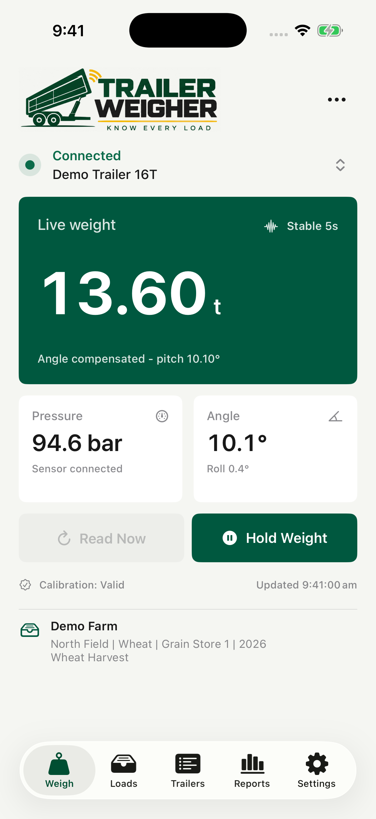 Trailer Weigher app live weighing screen.